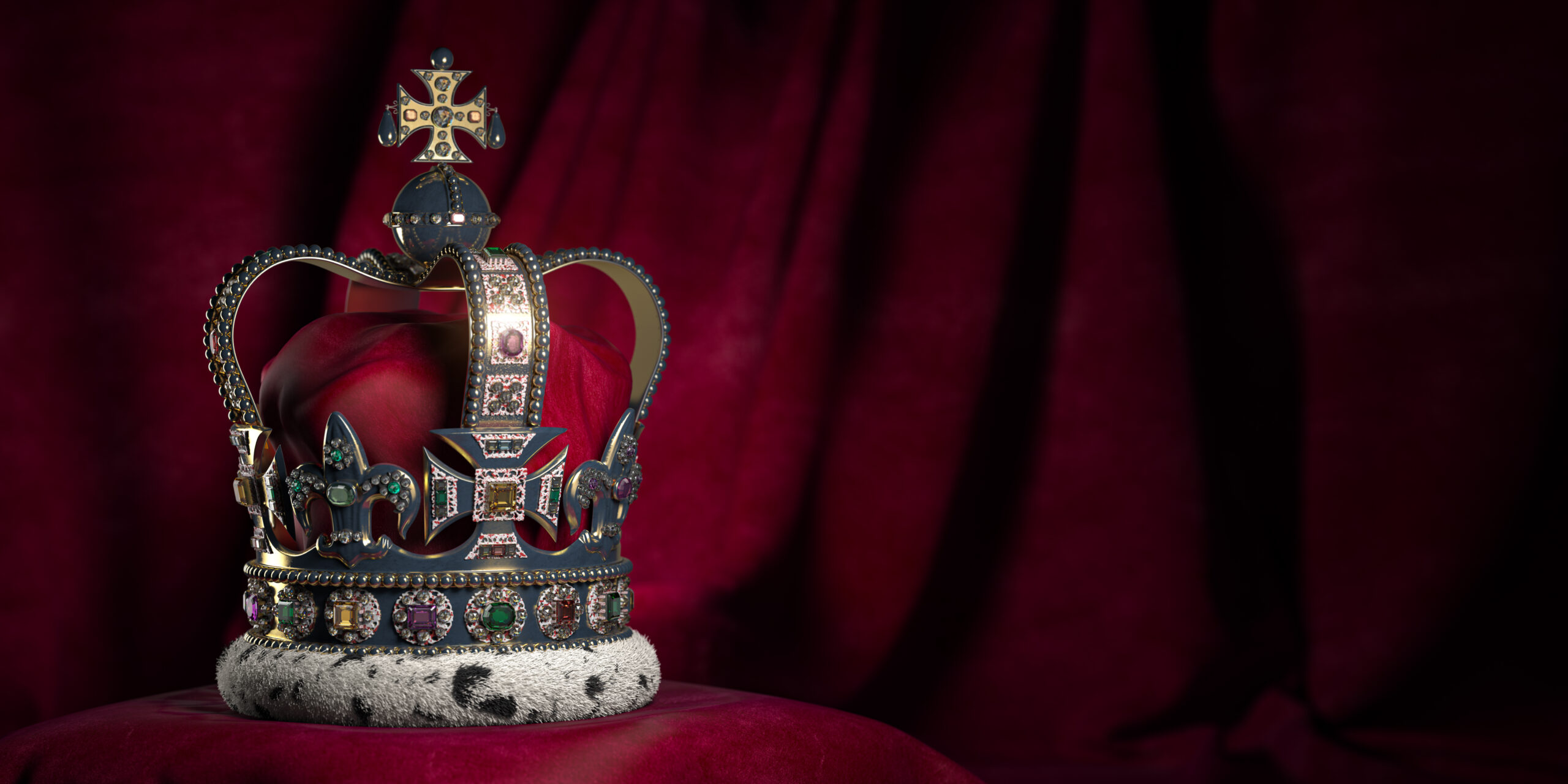 Royal golden crown with jewels on pillow on pink red background. Symbols of UK United Kingdom monarchy.