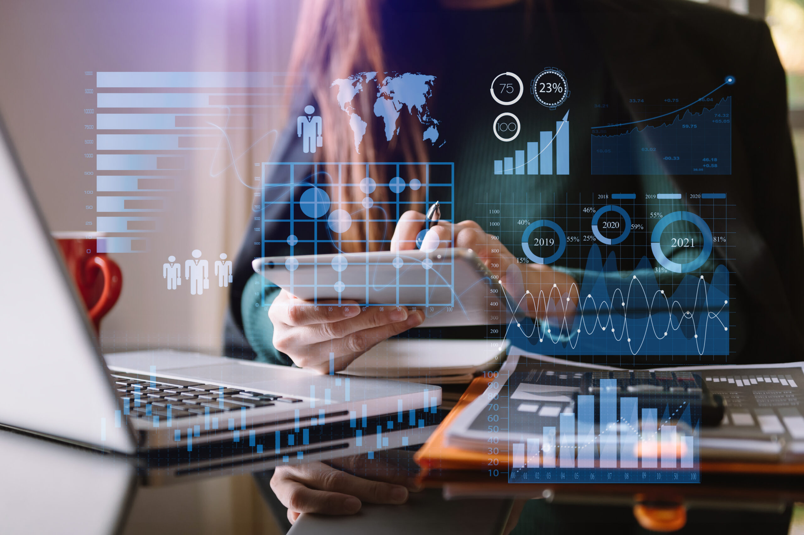 Investor analyzing stock market report and financial dashboard with business intelligence , with key performance indicatorsBusiness team meeting.