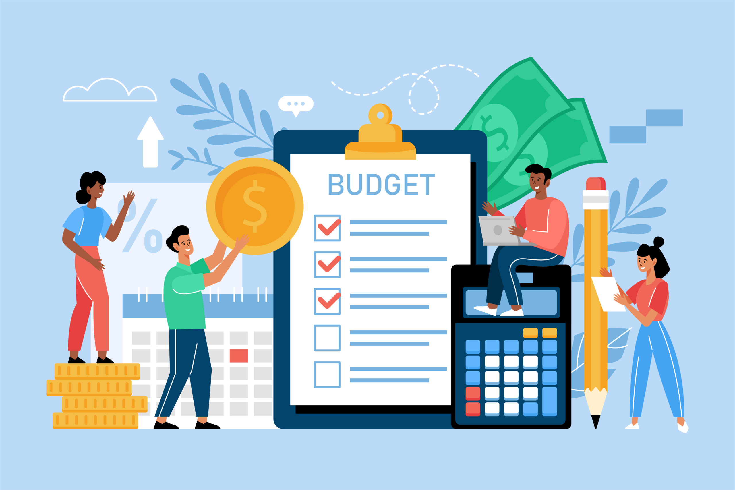 Budget planning and financial management business concept. Modern vector illustration of people improving business performance