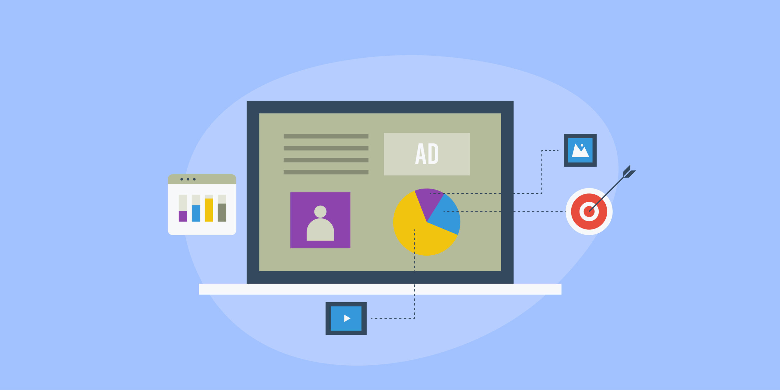 Digital ad creation and media buying automation concept, programmatic advertising targeting user based on data, business intelligence vector illustration.