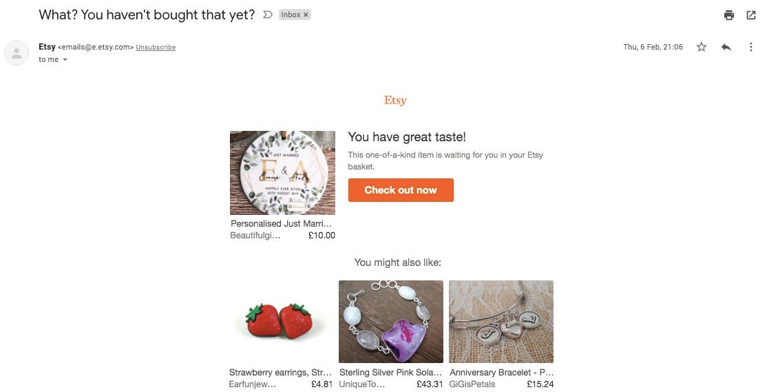 A basket retargeting email from Etsy