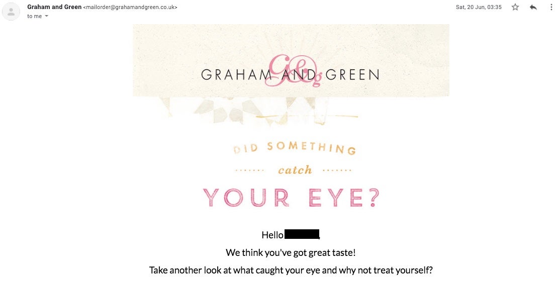 A basket retargeting email from Graham and Green