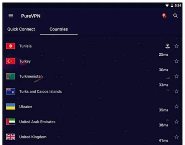 Countries listed in the PureVPN Android app