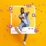 An influencer climbing through an instagram frame surrounded by heart icons symbolising social media marketing 