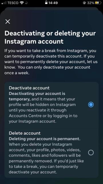 How to delete and deactivate Instagram on iOS: Step 7