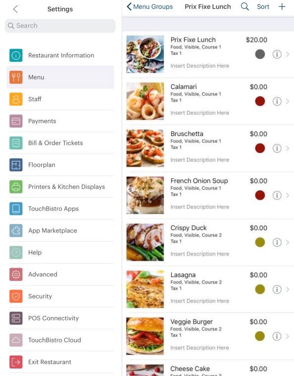 TouchBistro menu management features