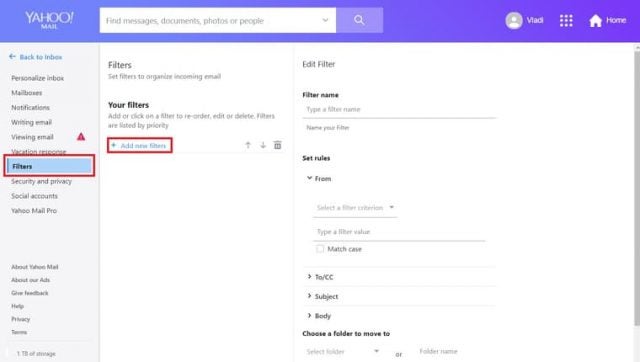 Screenshot - Yahoo Email Whitelist option in settings