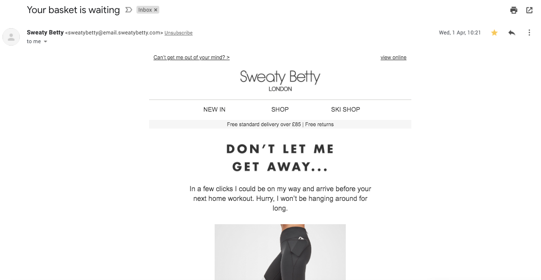 A basket retargeting email from Sweaty Betty