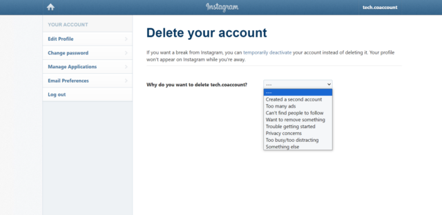 How to delete your Instagram on Desktop. Step 2