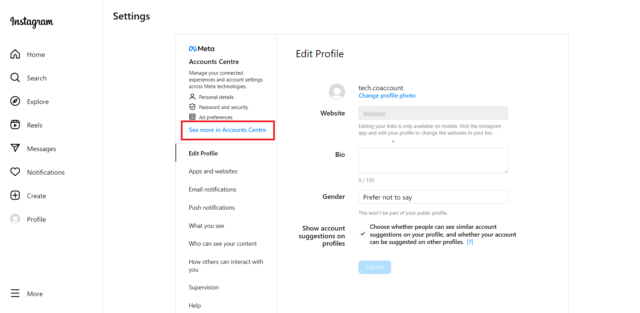 How to deactivate Instagram on desktop: Select "See more in Accounts Center"