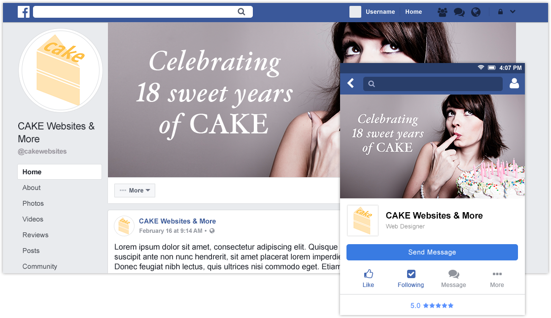 CAKE Websites Facebook business page example
