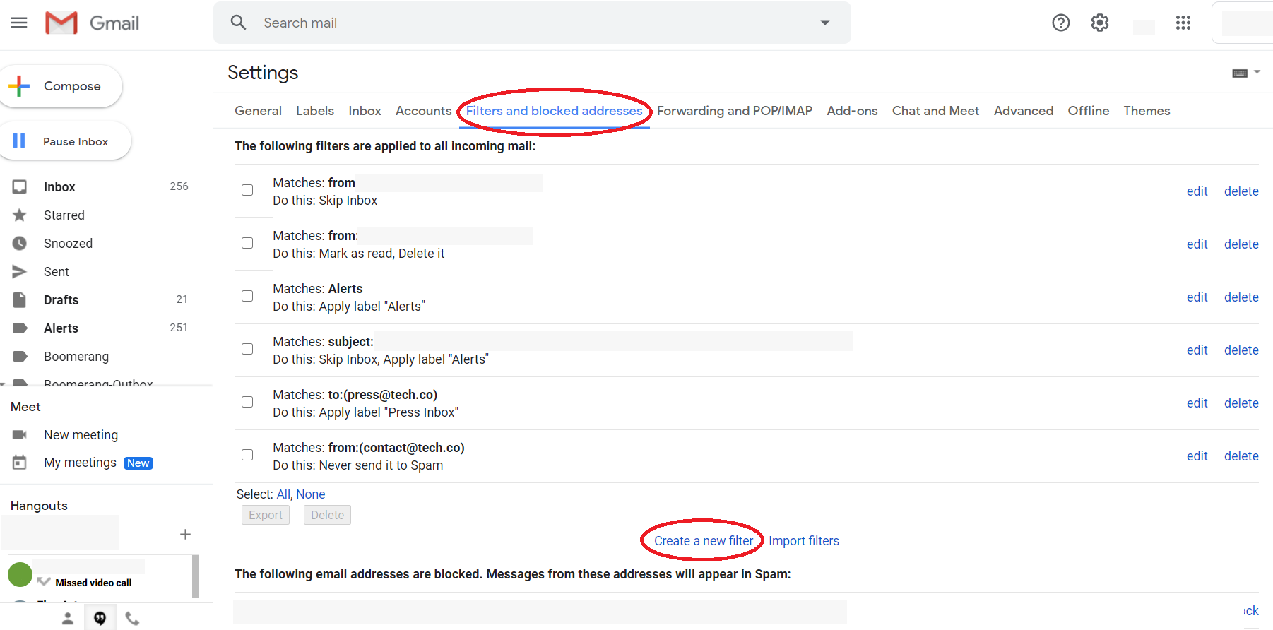 Gmail screenshot - Settings to create rules for spam and filters