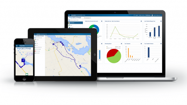 Geotab fleet management software, on mobile and desktop