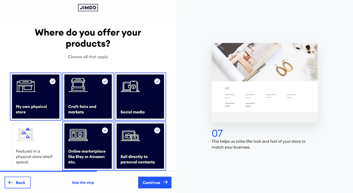 Jimdo AI website builder - where do you offer your products? screen
