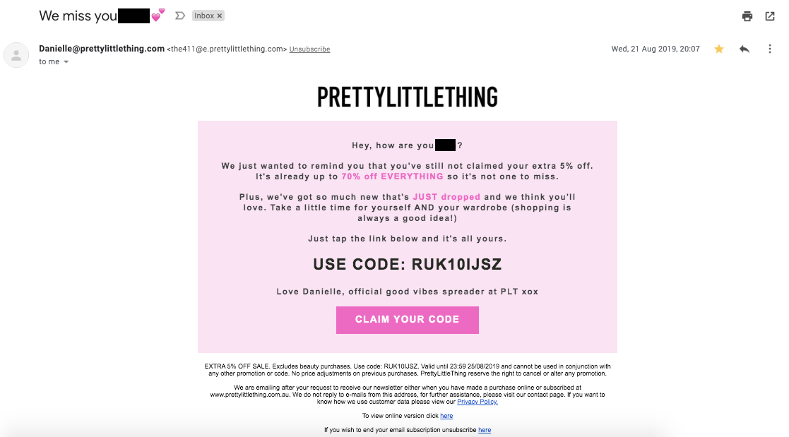 A Re-engagement email from PrettyLittleThing- we miss you