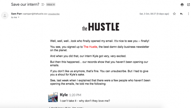 Re-engagament email example from The Hustle