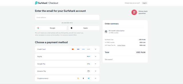 Screenshot of Surfshark's account creation and checkout page 