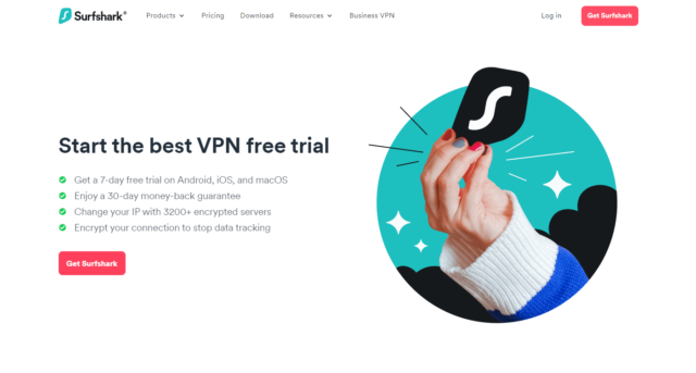 A screenshot of the Surfshark website promoting the VPN's free trial period