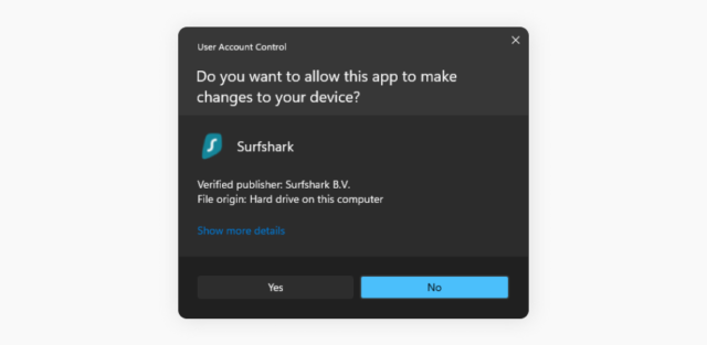 A pop-up notification you might see when installing Surfshark VPN on Windows
