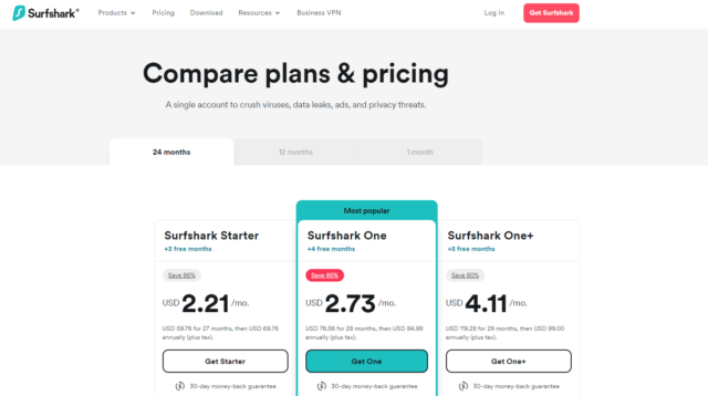 Screenshot of Surfshark's US pricing page with latest deals